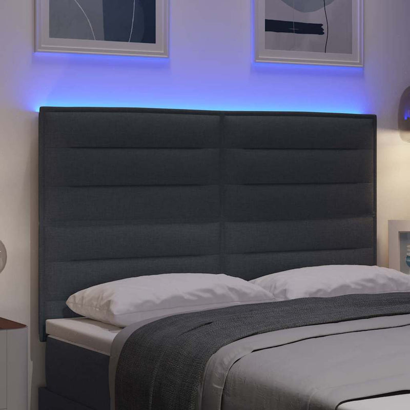 Tăblie LED cu benzi LED cu headboard Gri închis 144 cm țesătură