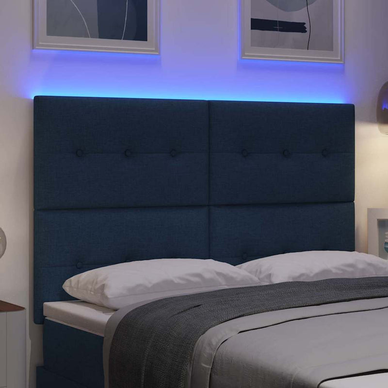Tăblie LED cu benzi LED cu headboard albastru 144 cm țesătură