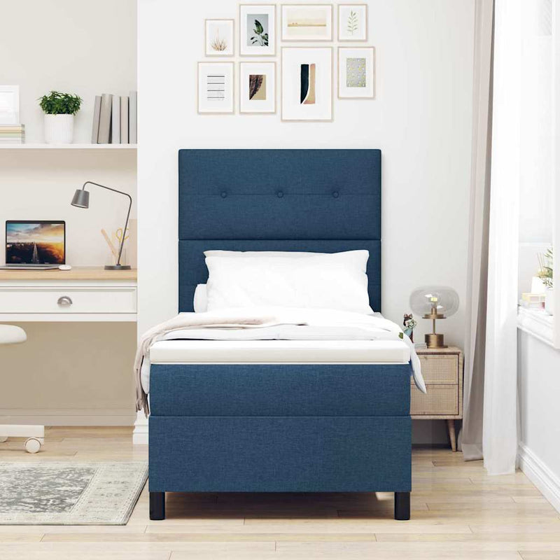 Pat cu arcuri cu headboard albastru 90 x 200 cm țesătură