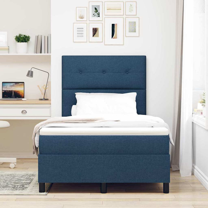 Pat cu arcuri cu headboard albastru 120 x 200 cm țesătură