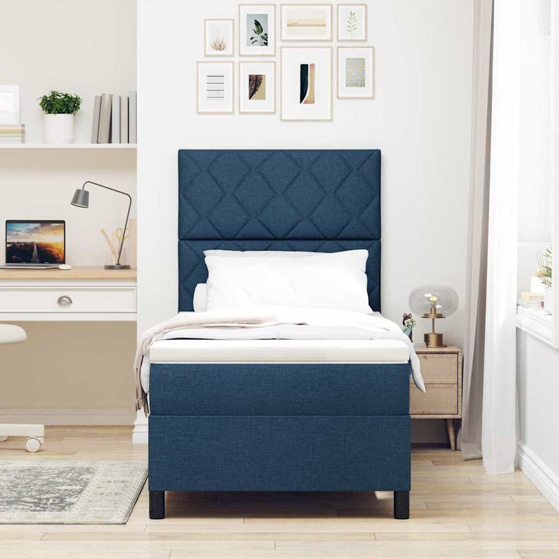 Pat cu arcuri cu headboard albastru 90 x 190 cm țesătură