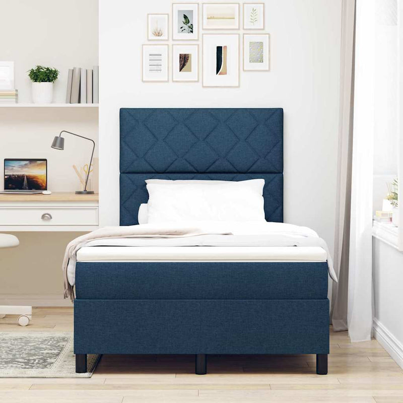 Pat cu arcuri cu headboard albastru 120 x 190 cm țesătură