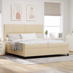 Pat cu arcuri cu headboard Crem 200 x 200 cm țesătură