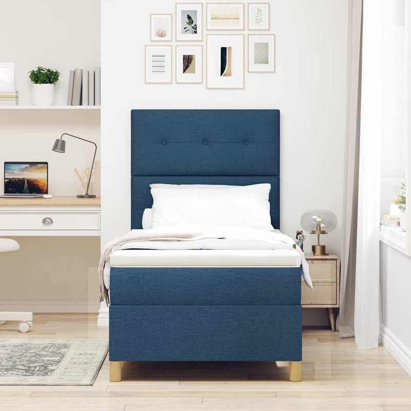 Pat cu arcuri cu headboard albastru 100 x 200 cm țesătură
