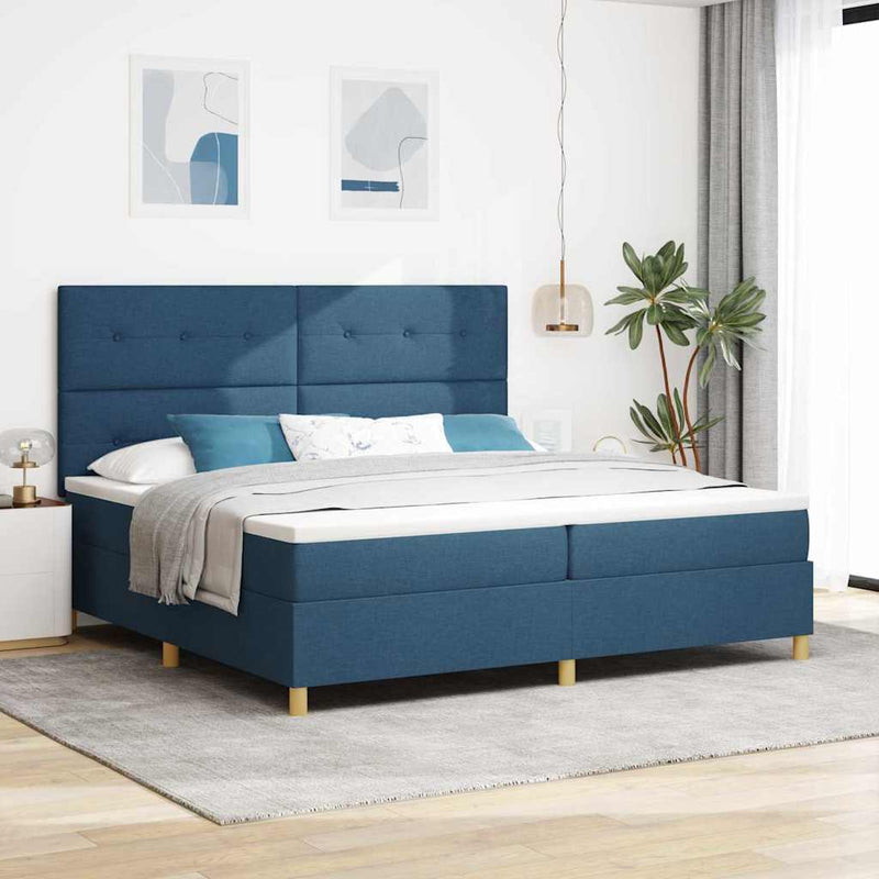 Pat cu arcuri cu headboard albastru 200 x 200 cm țesătură