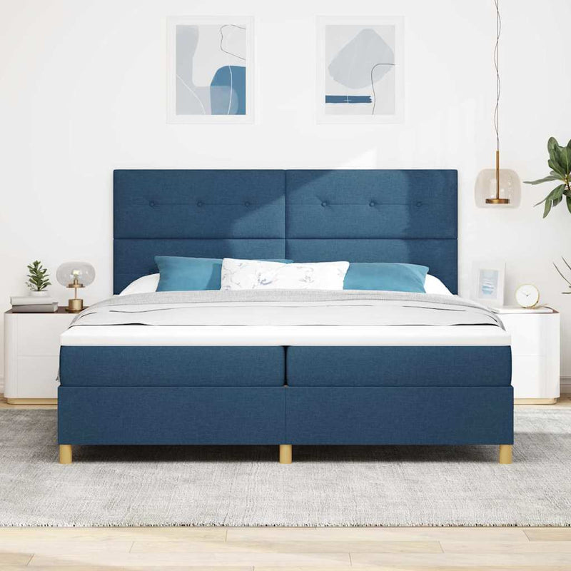 Pat cu arcuri cu headboard albastru 200 x 200 cm țesătură
