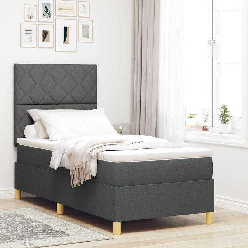 Pat cu arcuri cu headboard Gri închis 90 x 190 cm țesătură