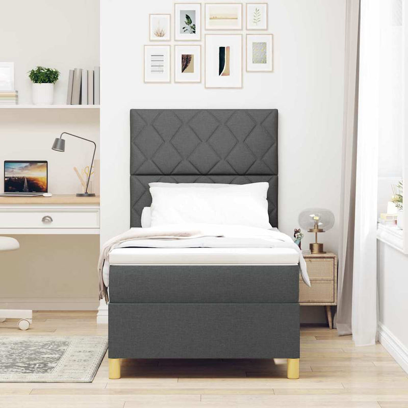 Pat cu arcuri cu headboard Gri închis 90 x 190 cm țesătură