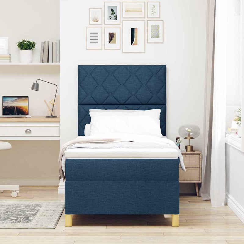 Pat cu arcuri cu headboard albastru 100 x 200 cm țesătură