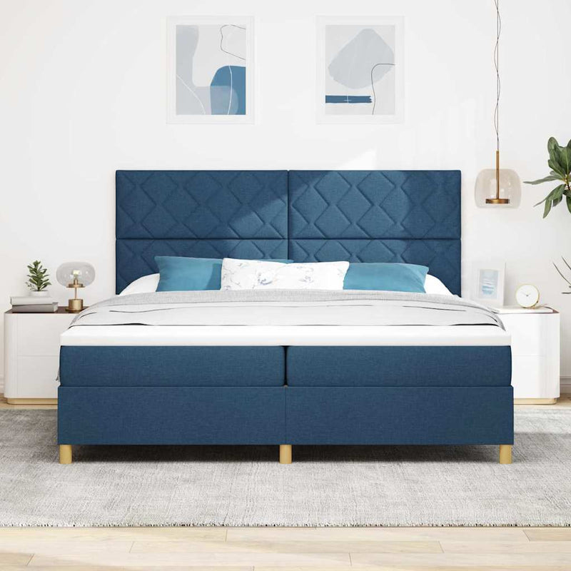 Pat cu arcuri cu headboard albastru 200 x 200 cm țesătură