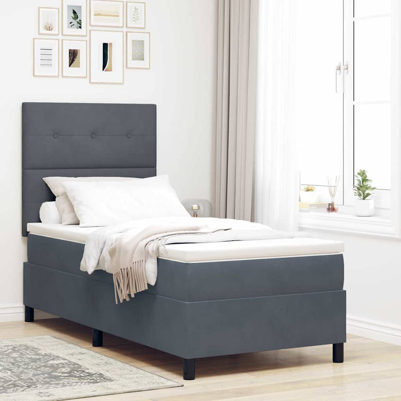Pat cu arcuri cu headboard Gri închis 90 x 190 cm Catifea