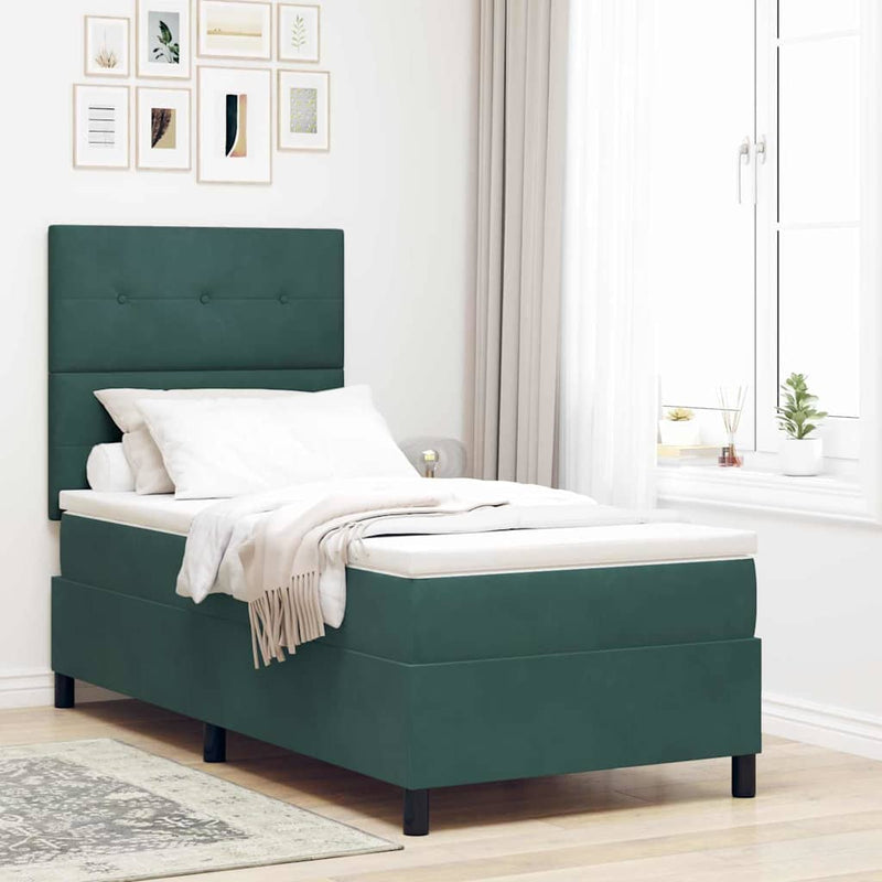 Pat cu arcuri cu headboard Verde închis 90 x 200 cm Catifea