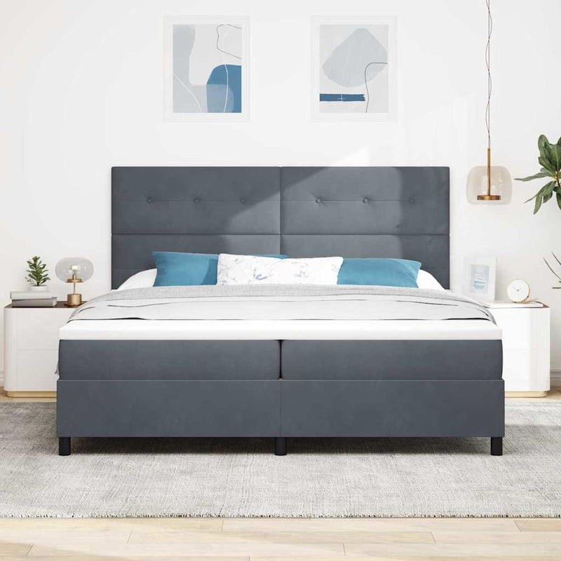 Pat cu arcuri cu headboard Gri închis 200 x 200 cm Catifea