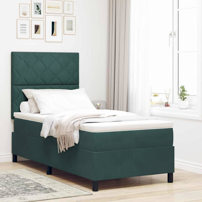 Pat cu arcuri cu headboard Verde închis 90 x 200 cm Catifea