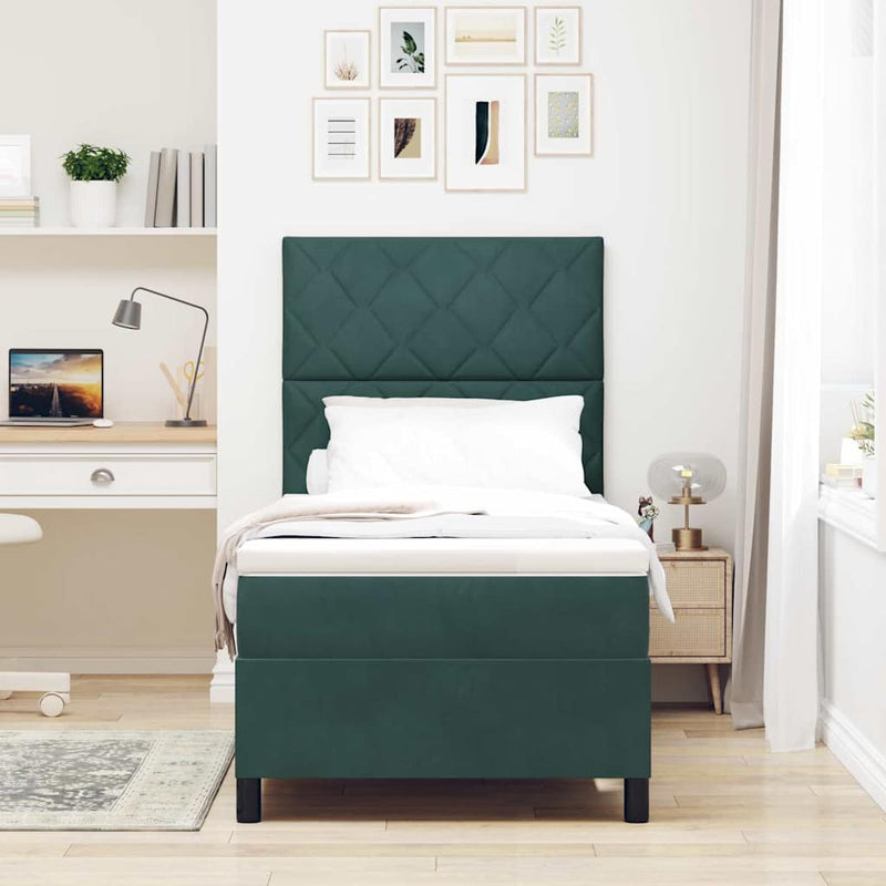 Pat cu arcuri cu headboard Verde închis 90 x 200 cm Catifea