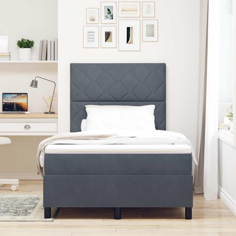 Pat cu arcuri cu headboard Gri închis 120 x 200 cm Catifea