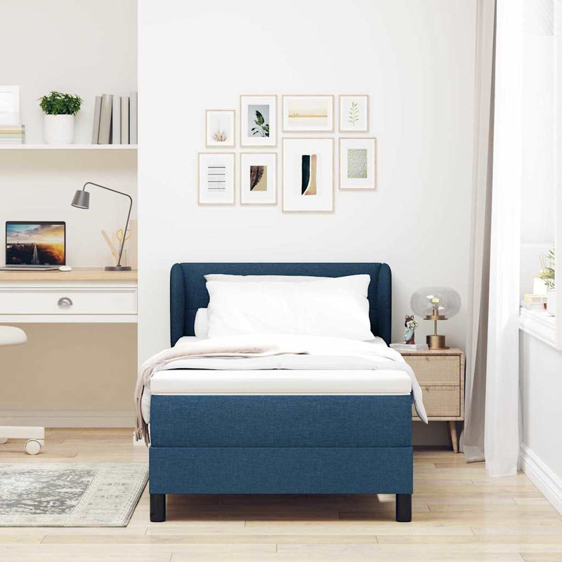 Pat cu arcuri cu headboard albastru 90 x 190 cm țesătură