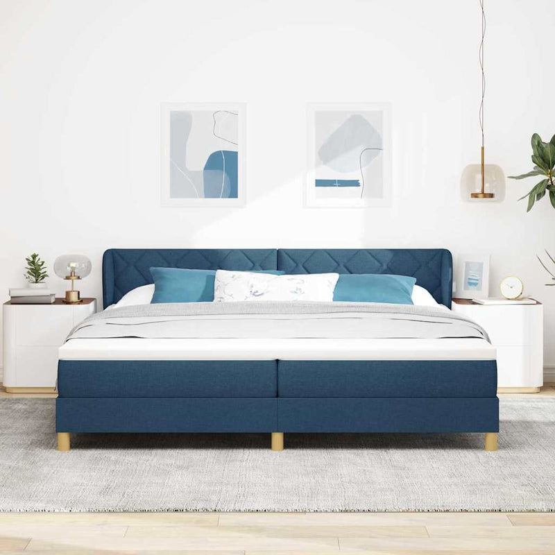 Pat cu arcuri cu headboard albastru 200 x 200 cm țesătură