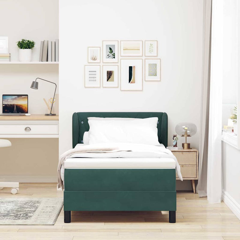 Pat cu arcuri cu headboard Verde închis 90 x 200 cm Catifea