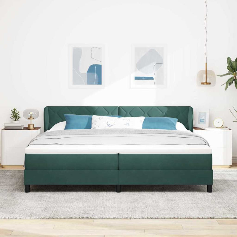 Pat cu arcuri cu headboard Verde închis 200 x 200 cm Catifea