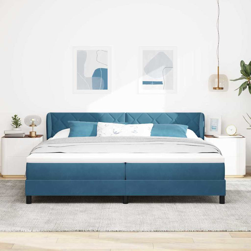 Pat cu arcuri cu headboard Albastru închis 200 x 200 cm Catifea