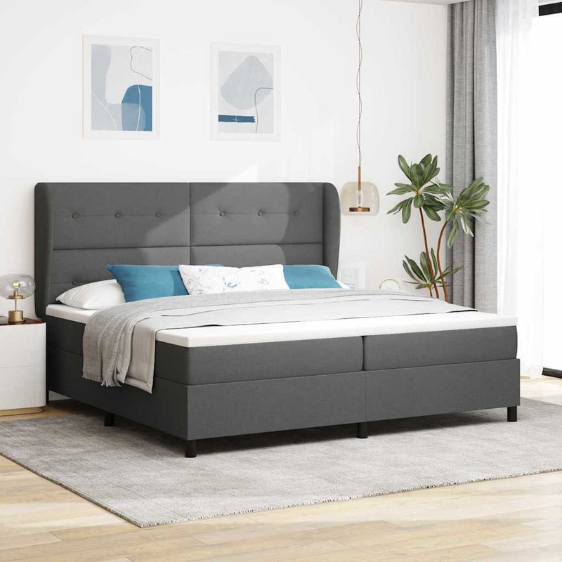 Pat cu arcuri cu headboard Gri închis 200 x 200 cm țesătură