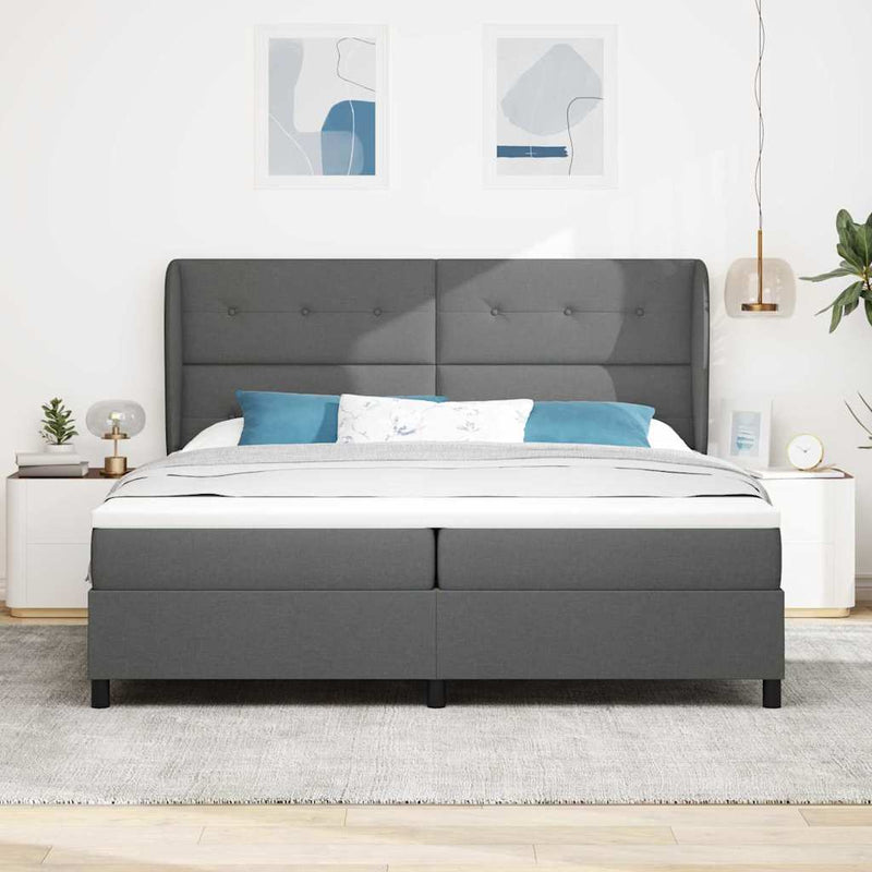 Pat cu arcuri cu headboard Gri închis 200 x 200 cm țesătură
