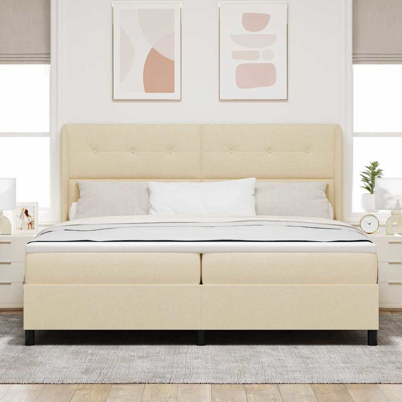Pat cu arcuri cu headboard Crem 200 x 200 cm țesătură
