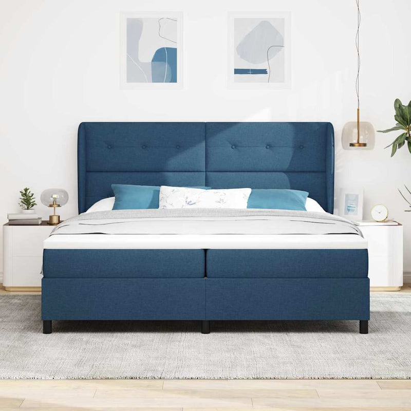 Pat cu arcuri cu headboard albastru 200 x 200 cm țesătură