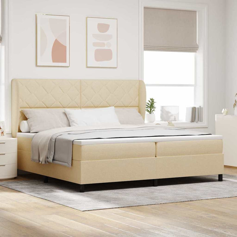Pat cu arcuri cu headboard Crem 200 x 200 cm țesătură