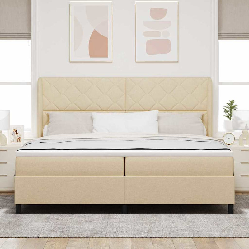 Pat cu arcuri cu headboard Crem 200 x 200 cm țesătură
