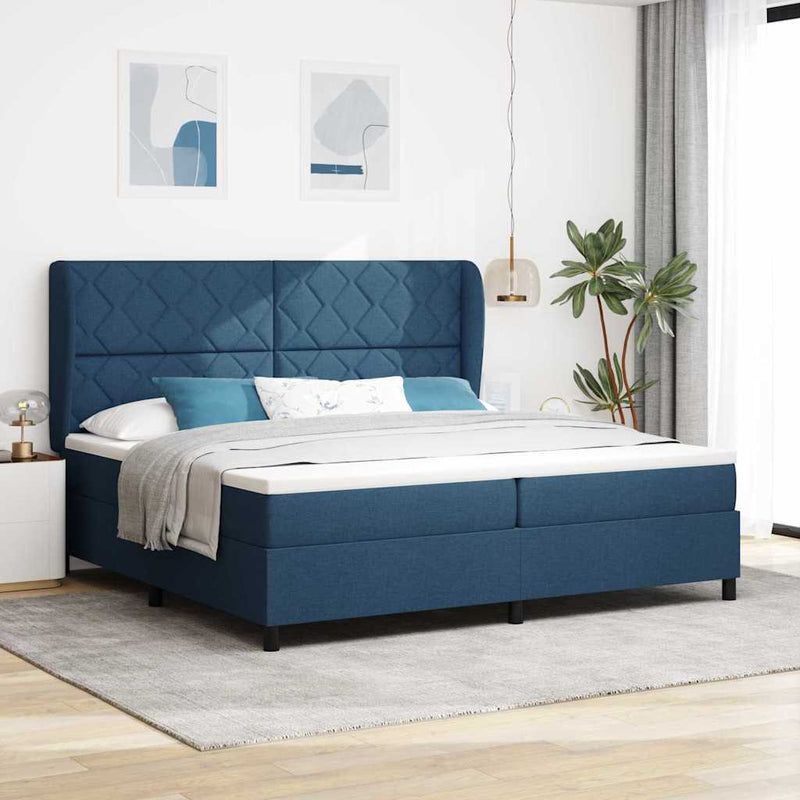 Pat cu arcuri cu headboard albastru 200 x 200 cm țesătură