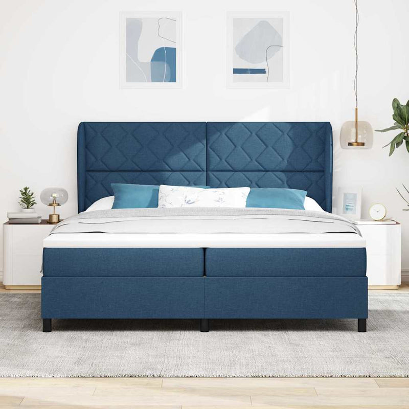 Pat cu arcuri cu headboard albastru 200 x 200 cm țesătură