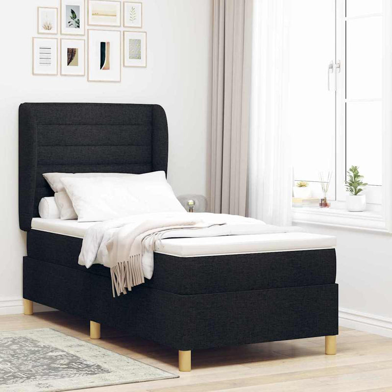 Pat cu arcuri cu saltea cu headboard Negru 200 x 90 cm țesătură