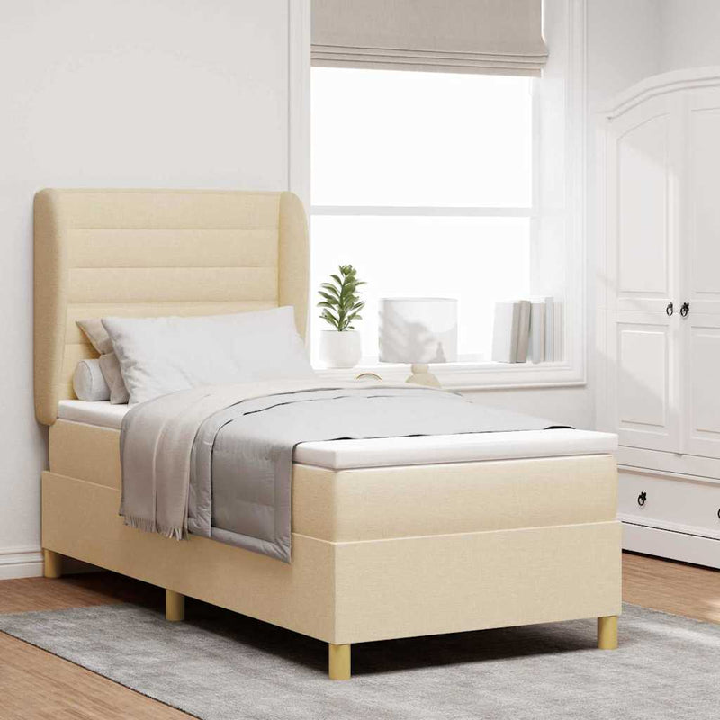 Pat cu arcuri cu saltea cu headboard Crem 200 x 100 cm țesătură