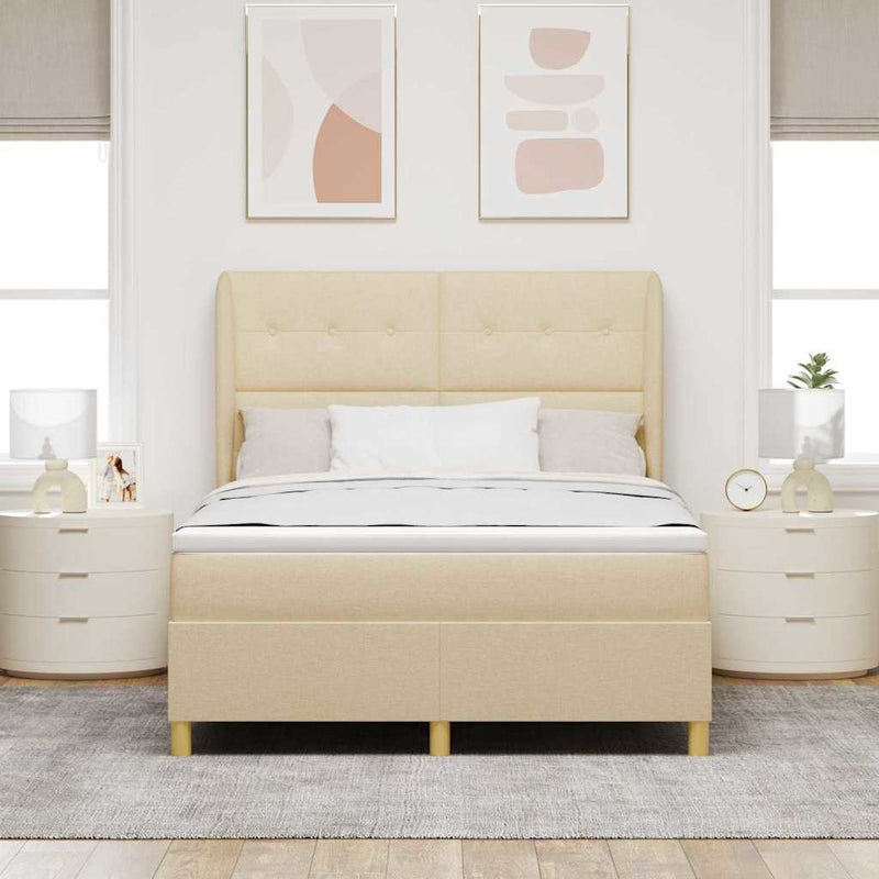 Pat cu arcuri cu headboard Manual Crem 190 x 140 cm țesătură