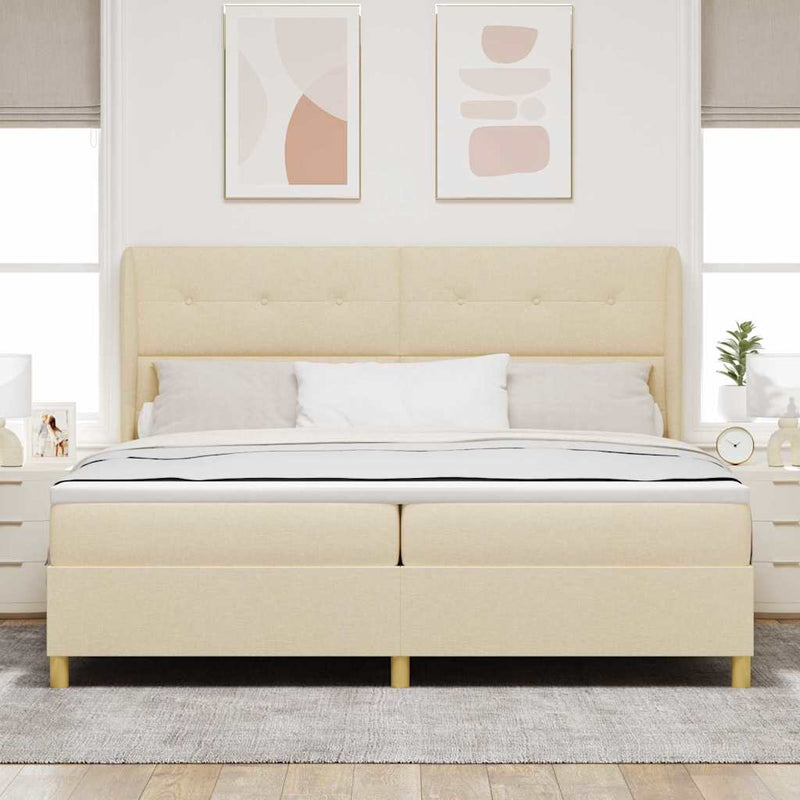 Pat cu arcuri cu headboard Manual Crem 200 x 200 cm țesătură