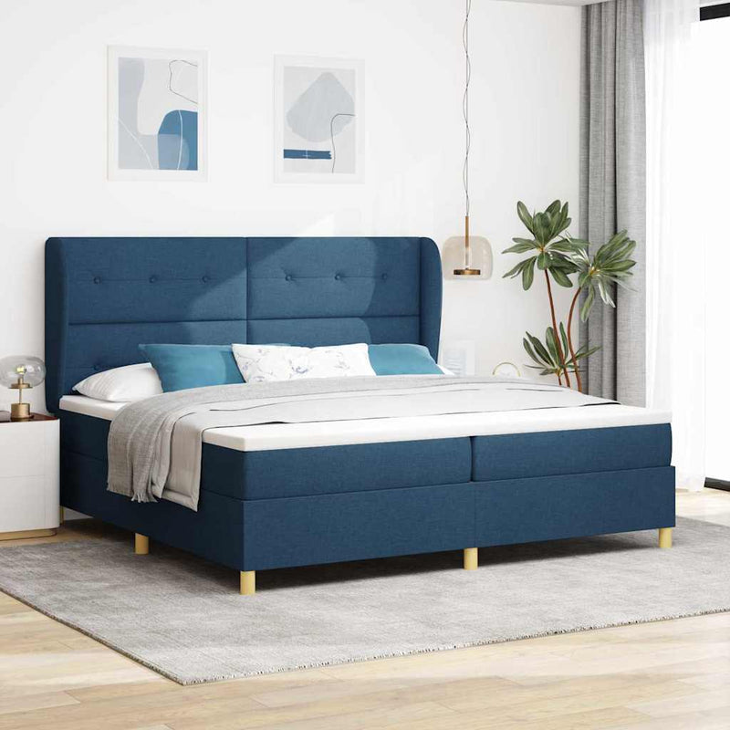Pat cu arcuri cu headboard albastru 200 x 200 cm țesătură