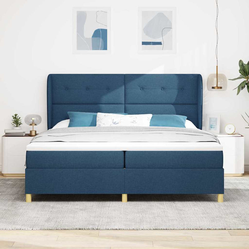 Pat cu arcuri cu headboard albastru 200 x 200 cm țesătură