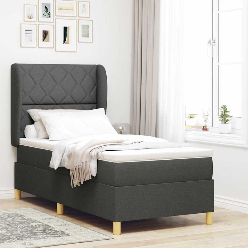 Pat cu arcuri cu headboard Gri închis 190 x 90 cm țesătură