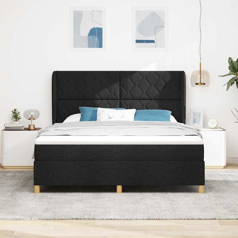 Pat cu arcuri cu headboard Manual Negru 200 x 180 cm țesătură