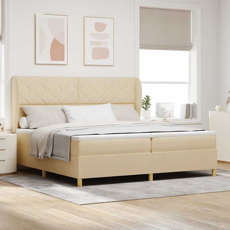 Pat cu arcuri cu headboard Manual Crem 200 x 200 cm țesătură