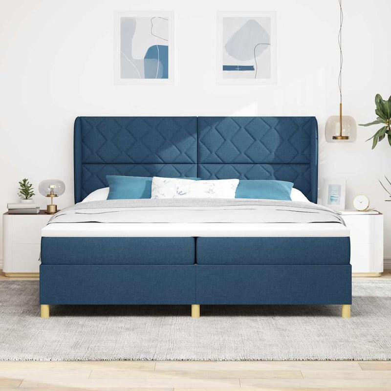 Pat cu arcuri cu headboard albastru 200 x 200 cm țesătură
