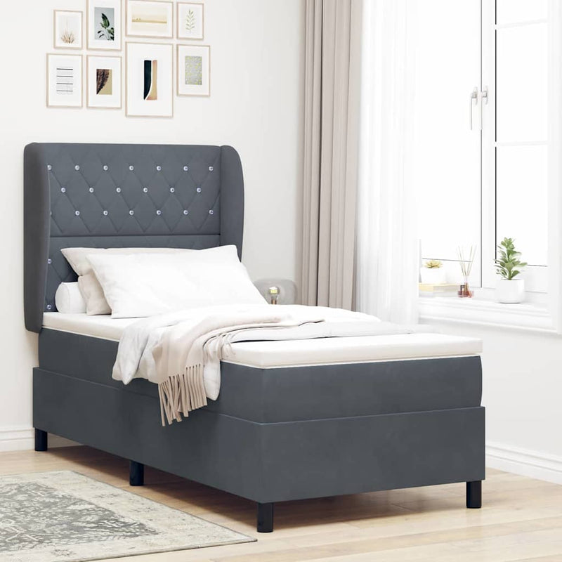 Pat cu arcuri cu headboard Gri închis 200 x 90 cm Catifea