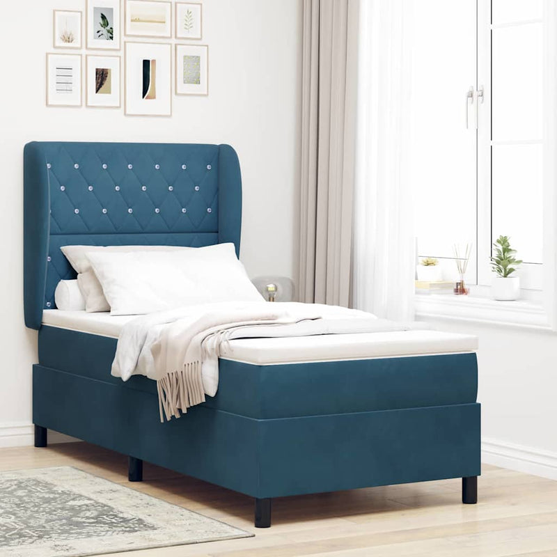 Pat cu arcuri cu headboard Albastru închis 200 x 100 cm Catifea