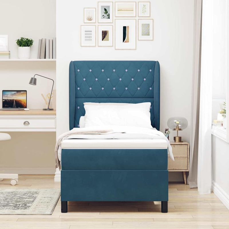 Pat cu arcuri cu headboard Albastru închis 200 x 100 cm Catifea