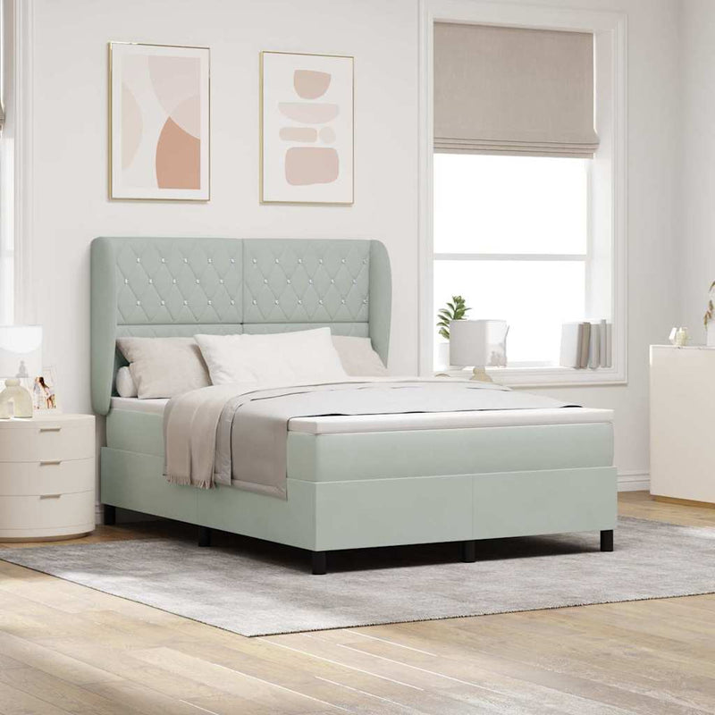 Pat cu arcuri cu headboard Gri deschis 190 x 140 cm Catifea