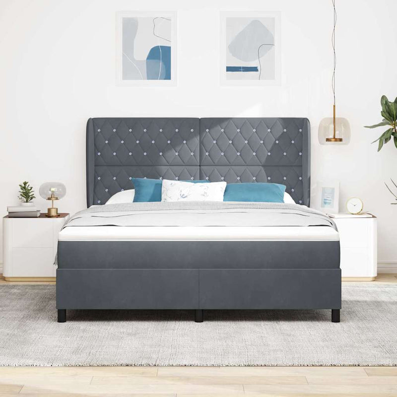 Pat cu arcuri cu headboard Gri închis 200 x 180 cm Catifea