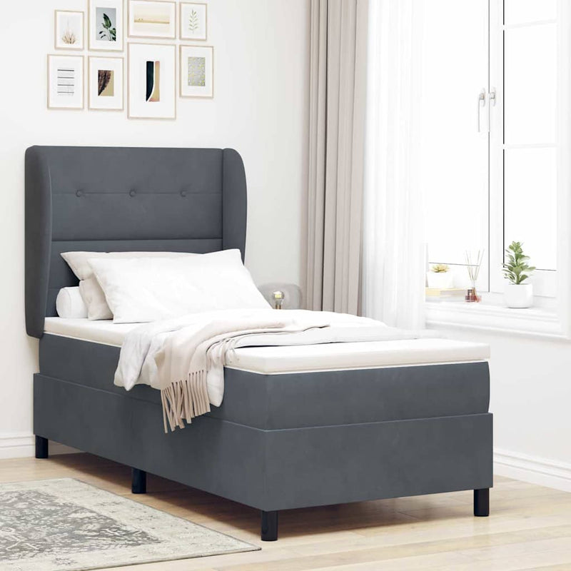 Pat cu arcuri cu headboard Gri închis 200 x 90 cm Catifea