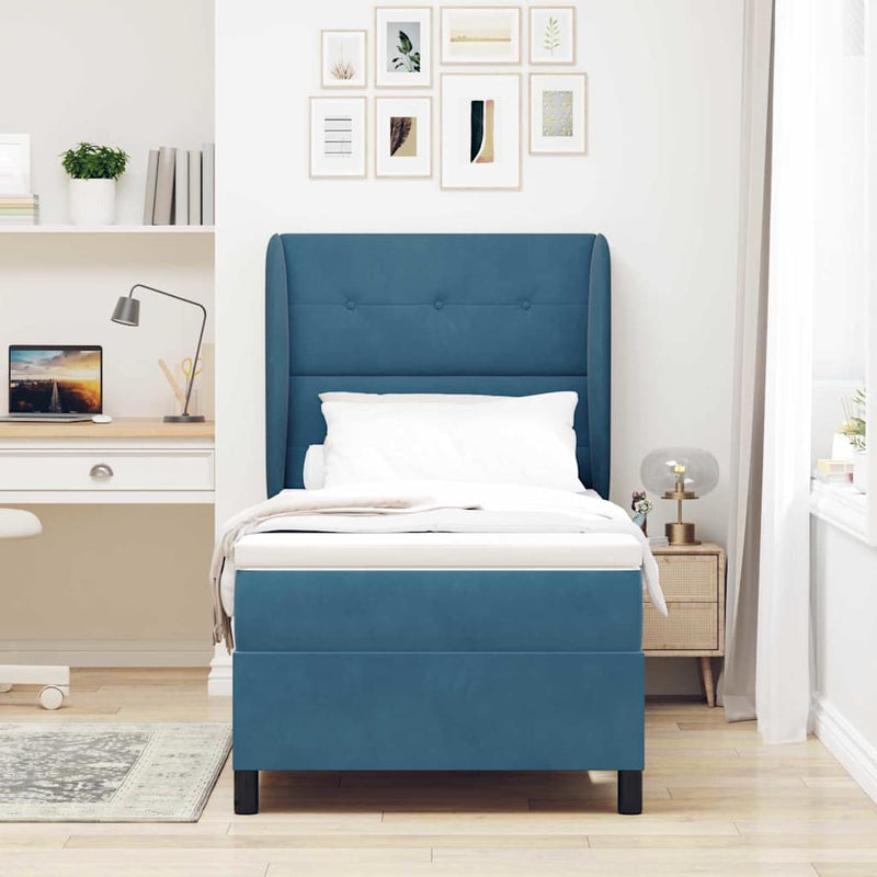 Pat cu arcuri cu headboard Albastru închis 200 x 90 cm Catifea